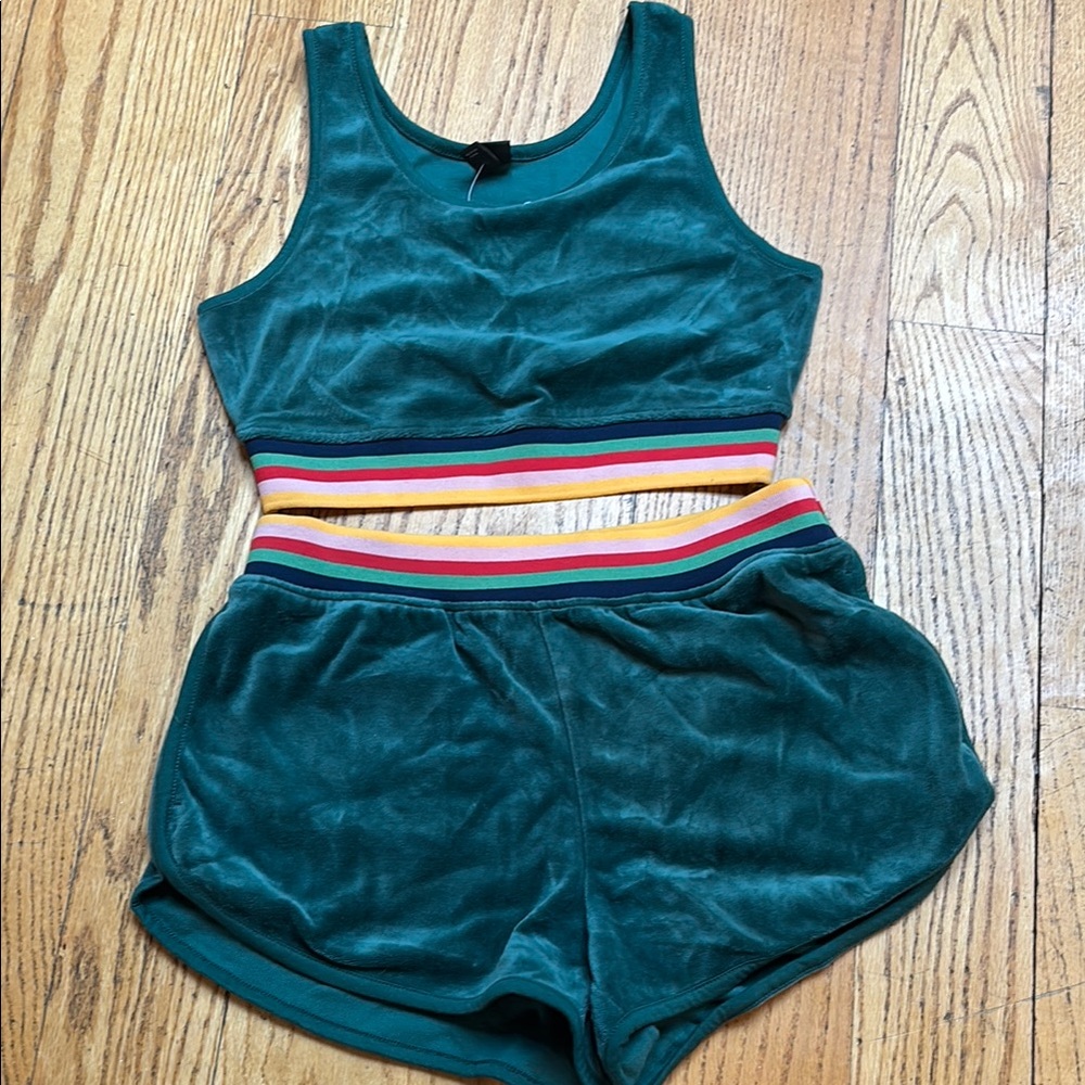 Green Velour Tank and Shorts Set with Striped Waistband rainbow Small